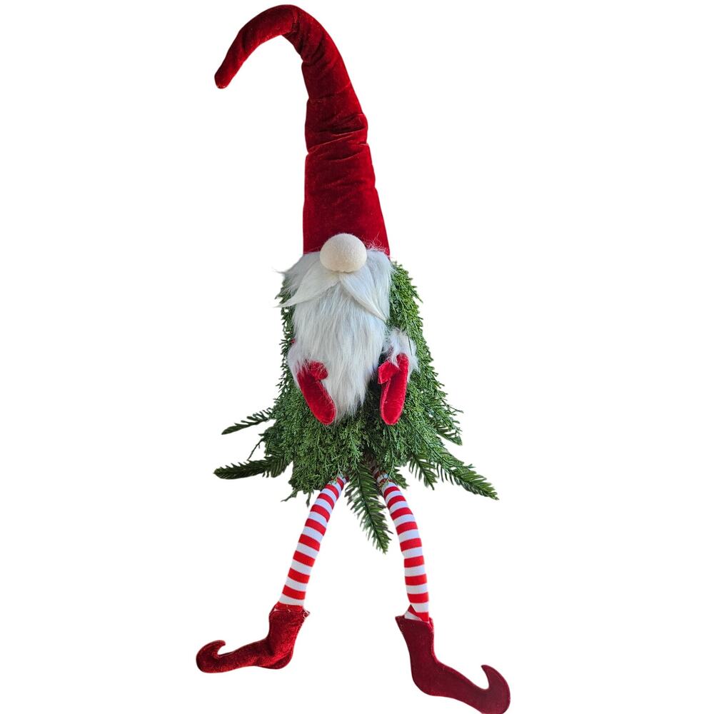 Adorable Handmade Santa Gnome Tall Hat Pine Needles & Long Legs Sits Upright 32"